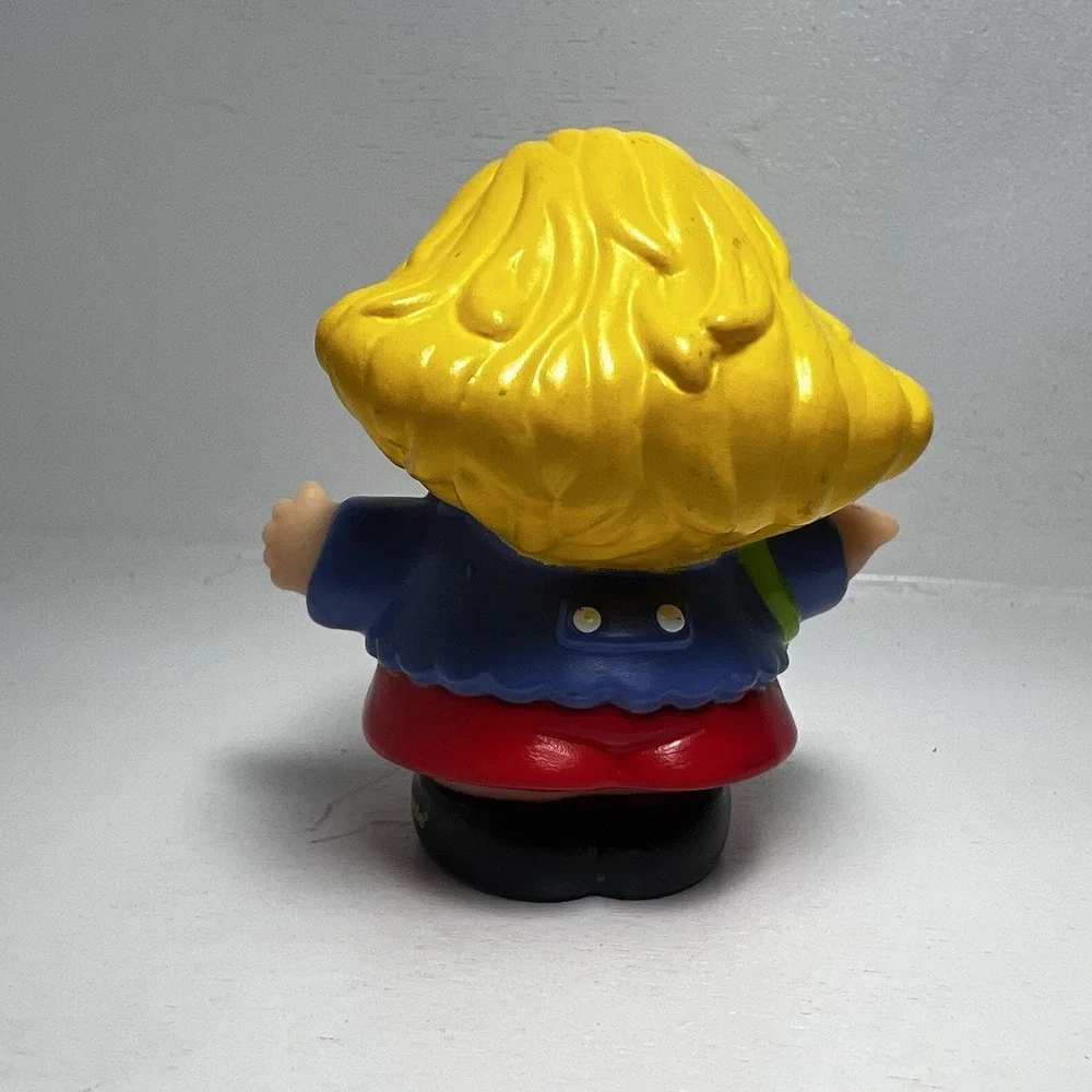 Fisher-Price Little People Blonde Girl Figure Blue Headband Red Skirt Green Bag